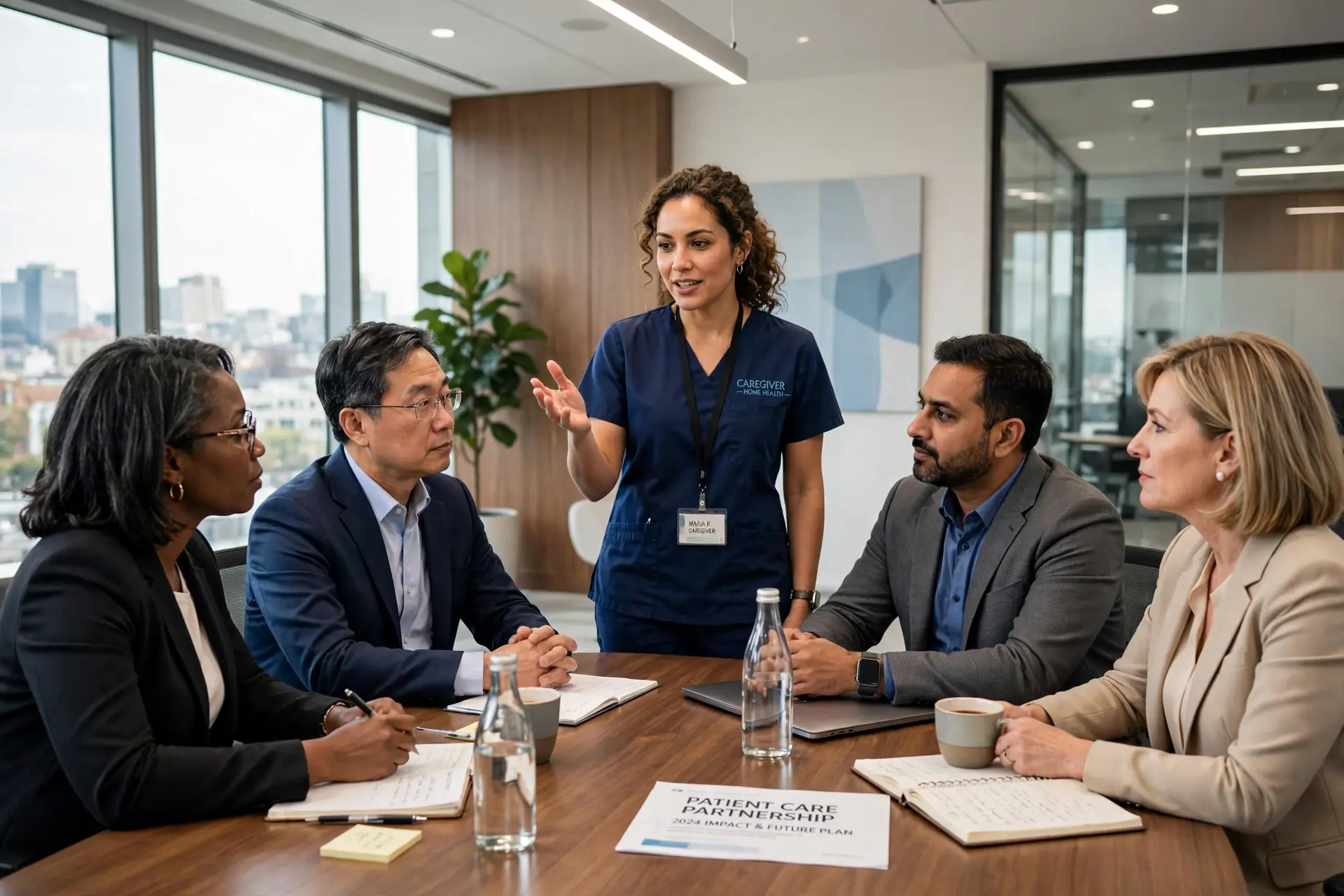A caregiver speaking at a boardroom leadership meeting
